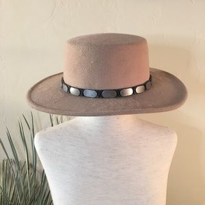 Tan wide brim boater felt wool look hat boho chic